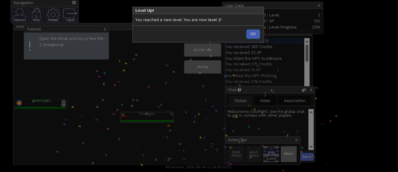 Subida de nivel exitosa al nivel 2 en Clickfight